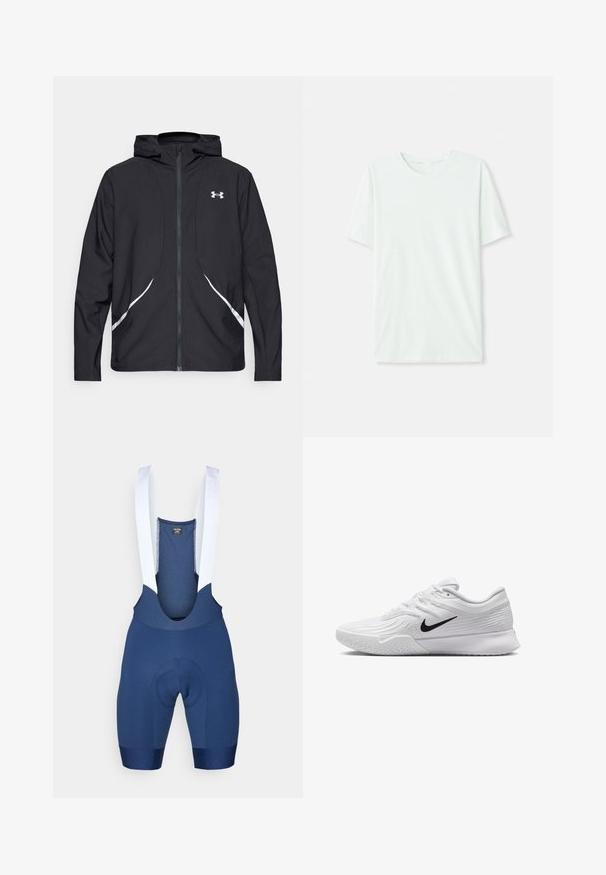 Čierna bunda na zips s kapucňou, bielymi akcentmi a logom, s dlhými rukávmi a hladkou, jemnou textúrou látky.; Svetlo mentolová kráťacia tričko s krátkym rukávom vyrobené z jemnej látky. Má okrúhly výstrih a jednoduchý, rovný strih bez ozdôb.; Detské nohavice s trakovým strihom vo farbe námornícky modrej, ktoré sú úzko priliehajúce. Majú biele elastické popruhy a odpruženú sedaciu časť pre komfort. Hladká textura a aerodynamický dizajn.; Biele športové topánky s textúrovaným sieťovaným zvrškom, čiernym logom Nike, polstrovaným golierom a gumovou podrážkou so vzorom dezénu.