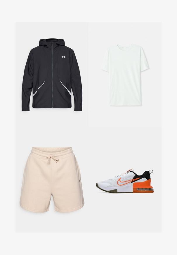 Black zip-up hooded jacket with white accents and logo, featuring long sleeves and a sleek, smooth fabric texture.; Light mint green short-sleeve t-shirt made of soft fabric. Features a crew neckline and a simple, straight cut without embellishments.; Beige cotton shorts with an elastic waistband, adjustable drawstring, and two side pockets. Features a small logo on the side.; White athletic shoe with a textured mesh upper, black and orange accents, a thick rubber sole, and a clear air cushion section at the heel.