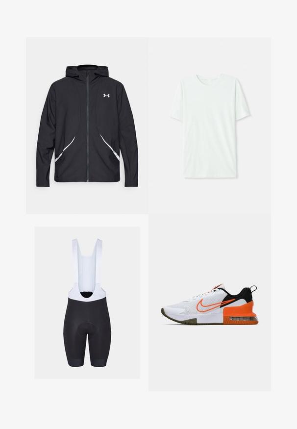 Musta vetoketjullinen huppari valkoisilla yksityiskohdilla ja logolla, jossa on pitkät hihat ja tyylikäs, sileäpintainen kangas.; Vihreä mintun värinen lyhythihainen t-paita, joka on valmistettu pehmeästä kankaasta. Siinä on pyöreä kaula-aukko ja yksinkertainen, suora leikkaus ilman koristeita.; Mustat ylläpitohousut valkoisilla hihnoilla, joissa on pehmustettu istuin ja joustavat hihnat. Sujuva pinta, ja brändin logo yksityiskohtina hihnoissa.; Valkoinen urheilukenkä, jossa on ristikkopintainen yläosa, mustia ja oransseja yksityiskohtia, paksu kumipohja ja selkeä ilmatyynyosa kantapäässä.