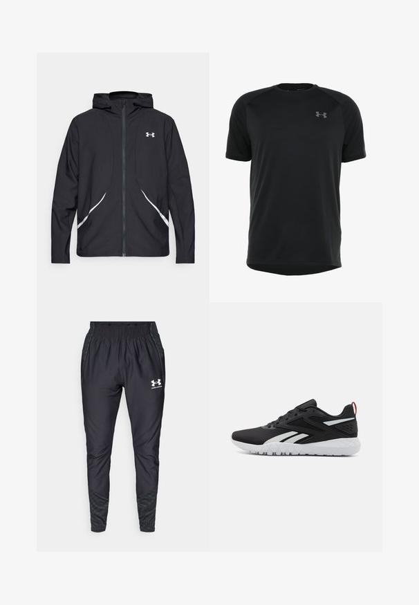 Črna jakna s kapuco na zadrgo z belimi poudarki in logotipom, z dolgimi rokavi in gladko, sijočo tkanino.; Črna športna majica s kratkimi rokavi, narejena iz gladkega, lahkega materiala. Ima okroglo ovratnico in diskreten logotip na prsih.; Under Armour PRO PANT - Spodnji deli trenirk - black/white; Črne atletske čevlje z mrežastim zgornjim delom, belimi poudarki, strukturirano podplatom in rdečo zanko na peti za dodaten detajl.