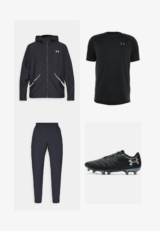 Casaco preto com capuz e fecho de correr, detalhes brancos e logótipo, apresentando mangas compridas e um tecido liso e elegante.; Camisa atlética preta de manga curta feita de um tecido liso e leve. Apresenta um decote arredondado e um logótipo discreto no peito.; Calças de desporto negras com uma textura suave, corte justo, cintura elástica e bolsos laterais. Apresenta um pequeno logótipo na coxa esquerda.; Chuteira de futebol preta com parte superior sintética texturizada, perfil baixo, bico reforçado e seis cravos metálicos para tração. Logotipo da Under Armour na lateral.