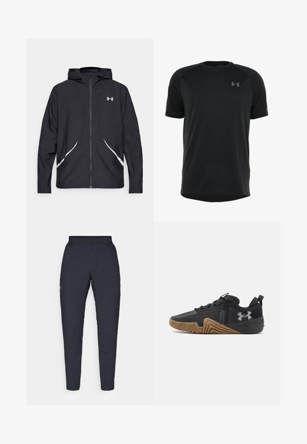 Casaco preto com capuz e fecho de correr, detalhes brancos e logótipo, apresentando mangas compridas e um tecido liso e elegante.; Camisa atlética preta de manga curta feita de um tecido liso e leve. Apresenta um decote arredondado e um logótipo discreto no peito.; Calças de desporto negras com uma textura suave, corte justo, cintura elástica e bolsos laterais. Apresenta um pequeno logótipo na coxa esquerda.; Sapatilhas pretas de desporto com parte superior em malha, sola de borracha texturizada e realces em fitas. Apresenta um logotipo proeminente na lateral e um design de bico arredondado.