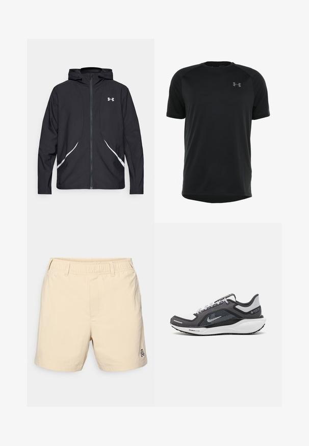 Črna jakna s kapuco na zadrgo z belimi poudarki in logotipom, z dolgimi rokavi in gladko, sijočo tkanino.; Črna športna majica s kratkimi rokavi, narejena iz gladkega, lahkega materiala. Ima okroglo ovratnico in diskreten logotip na prsih.; Bež šortai iz lahkega materiala, z elastičnim pasom, stranskimi žepi in majhnim izvezenim logotipom ob robu.; Črne in sive atletske čevlje z mrežasto zgornjim delom, odsevnimi detajli in belim srednjim podplatom. Imajo strukturiran gumijast podplat in vezalke.
