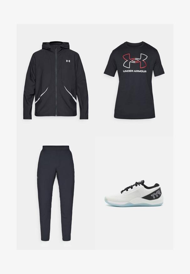 Musta vetoketjullinen huppari valkoisilla yksityiskohdilla ja logolla, jossa on pitkät hihat ja tyylikäs, sileäpintainen kangas.; Mustassa lyhythihaisessa t-paidassa on kevyt kangas, ja sen edessä on suuri punainen ja valkoinen Under Armour -logo.; Mustat urheiluhousut, joissa on sileä pinta, kapea malli, joustava vyötäkuja ja sivutaskut. Vasemmassa reisissä on pieni logo.; TYR CXT2 - Treenikenkä - black/white/blue