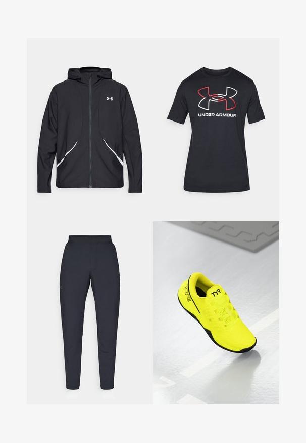 Schwarze Kapuzenjacke mit Reißverschluss, weiß abgesetzte Akzente und Logo, mit langen Ärmeln und einem eleganten, glatten Stoff.; Schwarzes T-Shirt mit kurzen Ärmeln aus leichtem Material, das auf der Vorderseite ein großes rotes und weißes Under Armour-Logo zeigt.; Schwarze Sporthose mit glatter Textur, schlankem Schnitt, elastischem Bund und seitlichen Taschen. Mit einem kleinen Logo auf dem linken Oberschenkel.; Helle gelbe Turnschuhe mit Mesh-Obermaterial, schwarzem Außensohle und TYR-Logo an der Seite. Sie zeichnen sich durch ein leichtes Design und eine Schnürung aus.