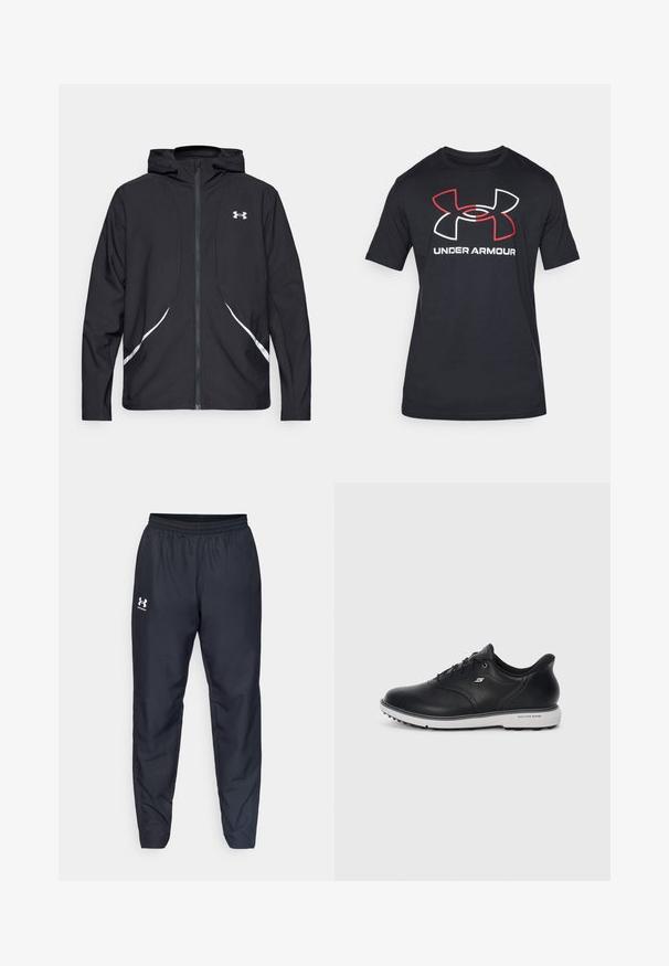 Schwarze Kapuzenjacke mit Reißverschluss, weiß abgesetzte Akzente und Logo, mit langen Ärmeln und einem eleganten, glatten Stoff.; Schwarzes T-Shirt mit kurzen Ärmeln aus leichtem Material, das auf der Vorderseite ein großes rotes und weißes Under Armour-Logo zeigt.; Schwarze Sporthosen mit elastischem Bund, schmal zulaufenden Beinen und einem weißen Logo an der Seite. Hergestellt aus leichtem, strapazierfähigem Stoff.; Schwarze Leder Schnürsneaker von Skechers mit weißer Sohle, seitlichem Logo und strukturiertem Grip auf der Sohle vor einem schlichten hellen Hintergrund.