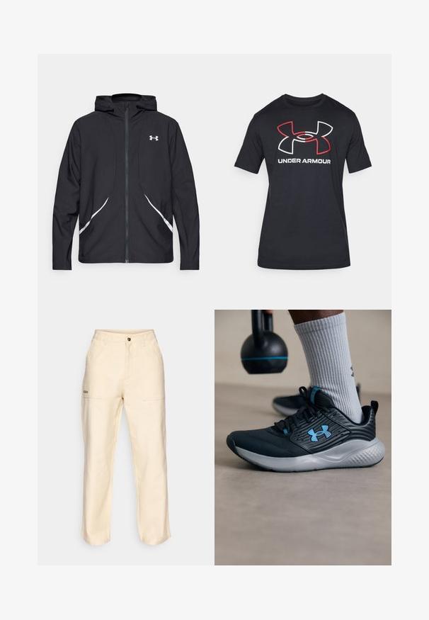 Black zip-up hooded jacket with white accents and logo, featuring long sleeves and a sleek, smooth fabric texture.; Black short-sleeve t-shirt made from lightweight fabric featuring a large red and white Under Armour logo on the front.; Beige high-waist pants with front patch pockets, belt loops, button closure, and subtle brand embroidery on left pocket.; Black athletic shoe with blue accents, textured upper, and gray sole. Worn with gray ribbed socks, beside a black kettlebell.