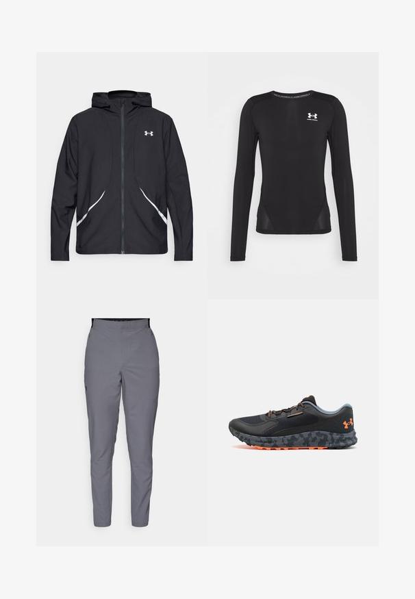 Black zip-up hooded jacket with white accents and logo, featuring long sleeves and a sleek, smooth fabric texture.; Black long-sleeve athletic shirt made of smooth, stretchy fabric. Features a round neck, flat seams, and a mesh accent at the sides.; Gray, tapered pants with a smooth texture, elastic waistband, and side pockets. Features a small logo on the left thigh.; Black athletic shoe with a textured upper, gray accents, orange detailing, camo-patterned sole, and lacing system for secure fit.