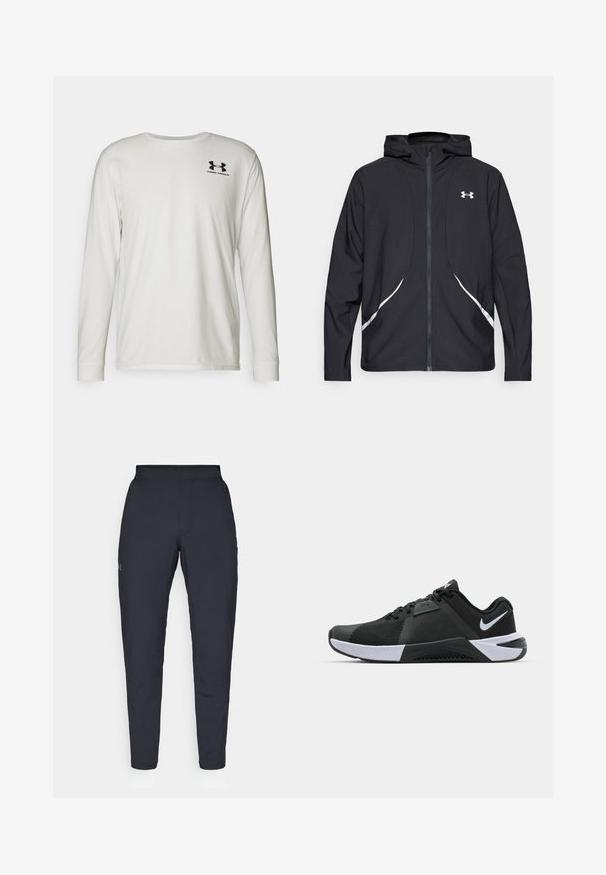 Crna jakna s kapuljačom na patentni zatvarač s bijelim detaljima i logotipom, s dugim rukavima i glatkom, mekanom teksturom tkanine.; Duga bijela majica s dugim rukavima izrađena od pamuka s okruglim izrezom. Ima crni logo na gornjoj lijevoj strani prsnog koša. Glatka tekstura i prilagođeni kroj.; Crne sportske hlače s glatkom teksturom, uskih krojeva, elastičnim pojasom i bočnim džepovima. Imaju mali logo na lijevom bedru.; Nike Performance METCON 10 - Tenisice za trening - black/white/anthracite