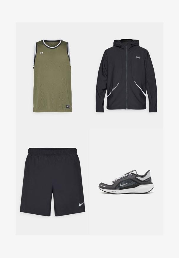 Černá bunda s kapucí na zip, bílými akcenty a logem, s dlouhými rukávy a hladkou, elegantní texturou látky.; Olivově zelená síťovaná bezrukávová dres s černobílým lemem, vybavený logem na spodním okraji a prodyšnou tkaninou pro pohodlí.; Černé sportovní šortky vyrobené z lehkého materiálu s elastickým pasem. Na spodní levé straně mají malé bílé logo Nike.; Černá a šedá sportovní obuv s vrškem z prodyšné síťoviny, reflexními akcenty a bílou mezipodešví. Obsahuje texturovanou gumovou podrážku a tkaničky.
