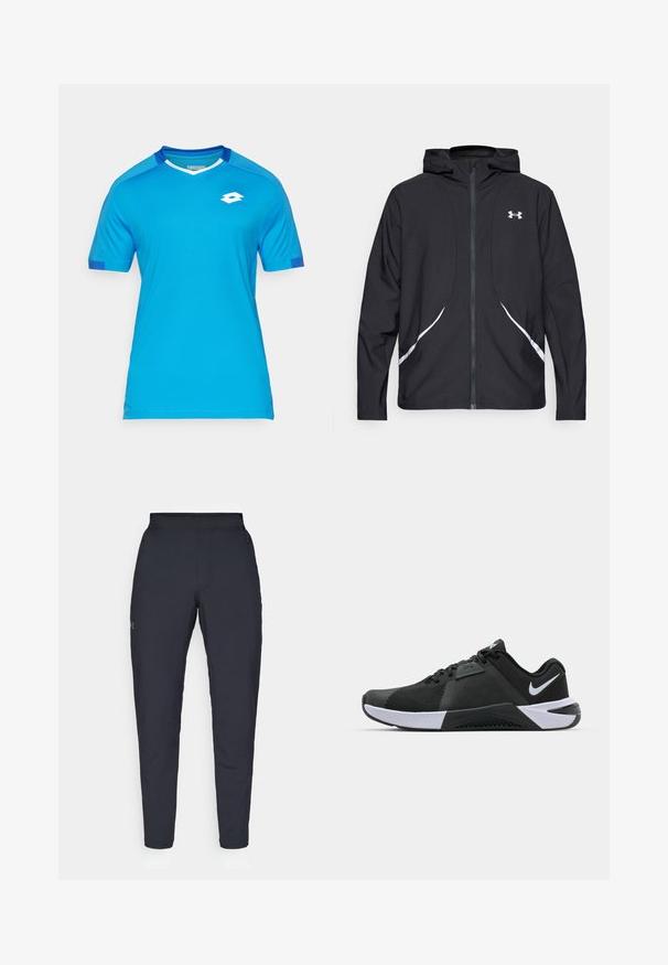 Musta vetoketjullinen huppari valkoisilla yksityiskohdilla ja logolla, jossa on pitkät hihat ja tyylikäs, sileäpintainen kangas.; Lyhythihainen urheilupaita, joka on valmistettu sinisestä kankaasta, jossa on verkkomaiset yksityiskohdat. Ominaisuuksiin kuuluu V-pääntie, valkoinen reunus ja pieni valkoinen logo rinnassa.; Mustat urheiluhousut, joissa on sileä pinta, kapea malli, joustava vyötäkuja ja sivutaskut. Vasemmassa reisissä on pieni logo.; Nike Performance METCON 10 - Treenikenkä - black/white/anthracite