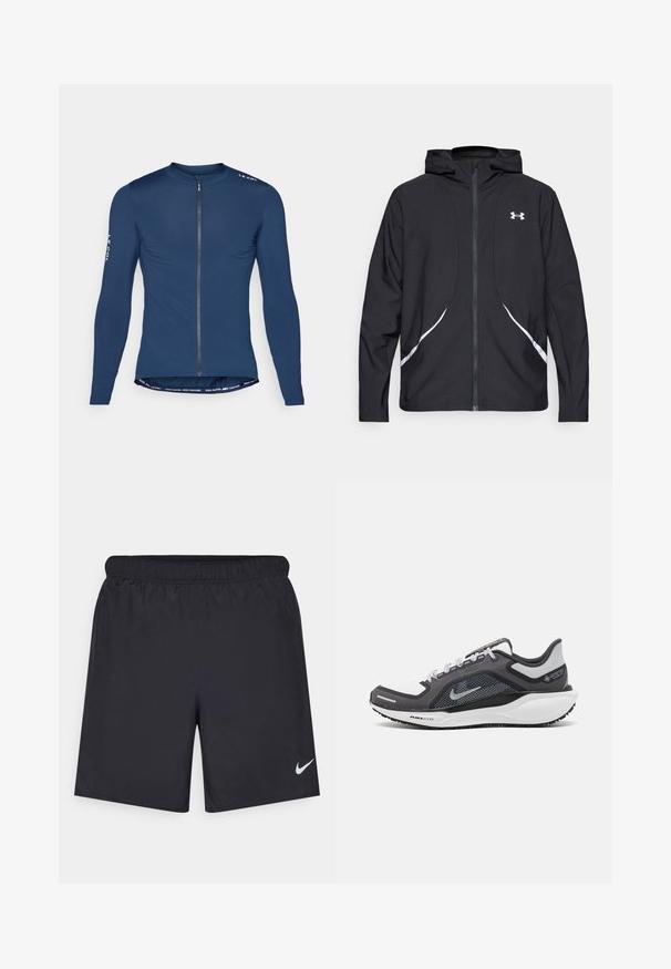 Svart hettejakke med glidelås, hvite detaljer og logo, med lange ermer og en glatt, jevn stofftekstur.; Marineblå langermet sykkeltrøye med frontglidelås, logodetalj på skulderen og kontrasttekst på bunnen. Glatt stofftekstur.; Svart sportskjørt laget av lett materiale med elastisk linning. Har en liten hvit Nike-logo nederst til venstre.; Svart og grå atletisk sko med mesh-overdel, refleksdetaljer og hvit mellomsåle. Har strukturert gummisåle og lisser.