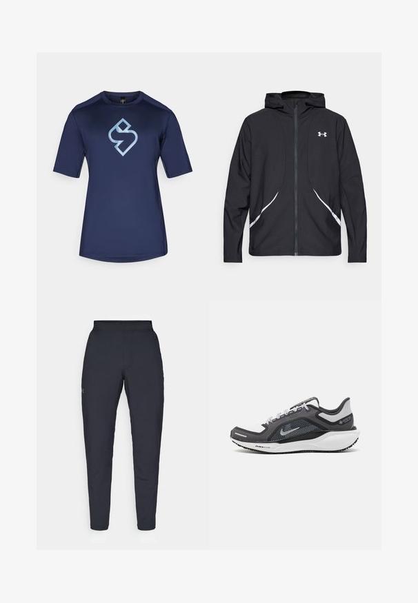 Černá bunda s kapucí na zip, bílými akcenty a logem, s dlouhými rukávy a hladkou, elegantní texturou látky.; Námořnické tričko s krátkým rukávem vyrobené z hladkého, vlhkost-odpudivého materiálu s světle modrým logem uprostřed.; Černé sportovní kalhoty s hladkou texturou, slim fit, elastickým pasem a bočními kapsami. Na levém stehně je umístěno malé logo.; Černá a šedá sportovní obuv s vrškem z prodyšné síťoviny, reflexními akcenty a bílou mezipodešví. Obsahuje texturovanou gumovou podrážku a tkaničky.