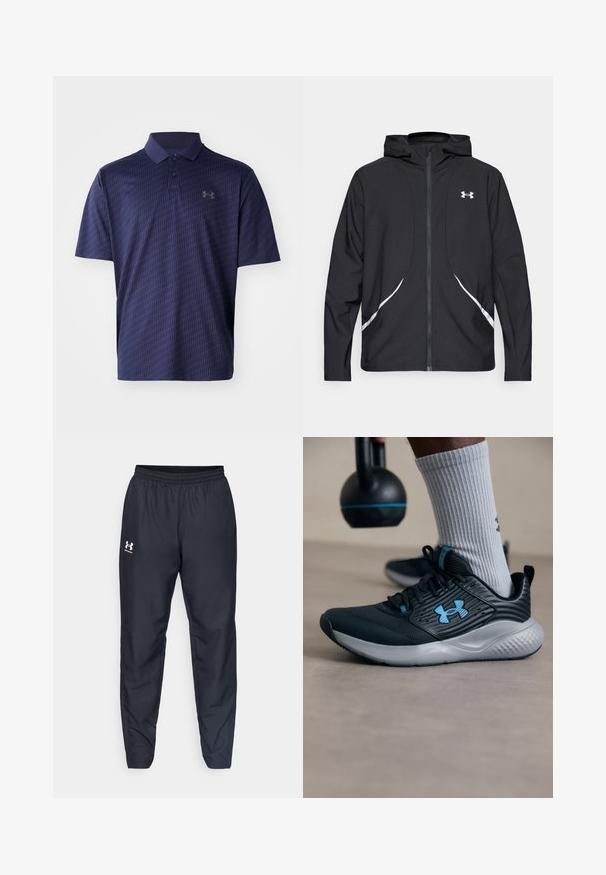 Zwarte capuchonjas met ritssluiting, witte accenten en logo, voorzien van lange mouwen en een gladde, soepele stoftextuur.; Navyblauwe polo gemaakt van ademend materiaal, met een textuur van een geometrisch patroon en een drie-knops sluiting. Klein logo op de borst.; Zwarte sportbroeken met een elastische tailleband, taps toelopende benen en een wit logo op de zijkant. Gemaakt van lichtgewicht, duurzaam materiaal.; Zwarte sportschoen met blauwe accenten, gestructureerde bovenkant en grijze zool. Draagt met grijze geribbelde sokken, naast een zwarte kettlebell.