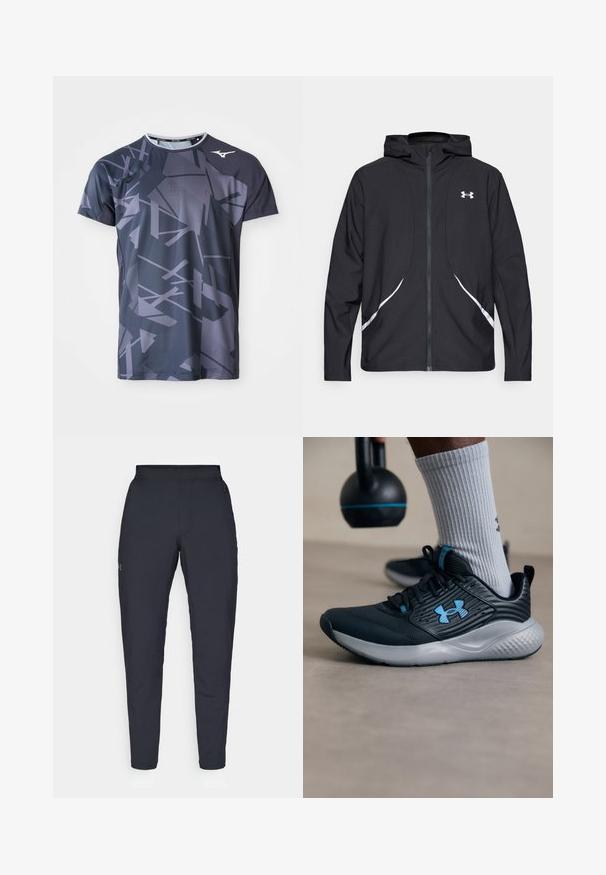 Black zip-up hooded jacket with white accents and logo, featuring long sleeves and a sleek, smooth fabric texture.; Sport t-shirt made of lightweight fabric, featuring a dark gray base with abstract light gray geometric patterns and a round neck design.; Black athletic pants with a smooth texture, slim fit, elastic waistband, and side pockets. Features a small logo on the left thigh.; Black athletic shoe with blue accents, textured upper, and gray sole. Worn with gray ribbed socks, beside a black kettlebell.