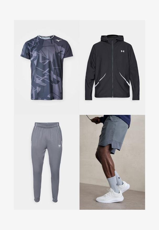 Zwarte capuchonjas met ritssluiting, witte accenten en logo, voorzien van lange mouwen en een gladde, soepele stoftextuur.; Sport t-shirt gemaakt van lichtgewicht stof, met een donkergrijze basis en abstracte lichtgrijze geometrische patronen, en een ronde halsontwerp.; Grijze sportbroek met elastische tailleband, zijzakken en witte accenten. Gemaakt van een glad, lichtgewicht materiaal.; Witte sportschoenen met een textuur van gaas aan de bovenkant, gecombineerd met lichtblauwe geribde sokken met een logo. Grijze sportshorts met geperforeerde accent.