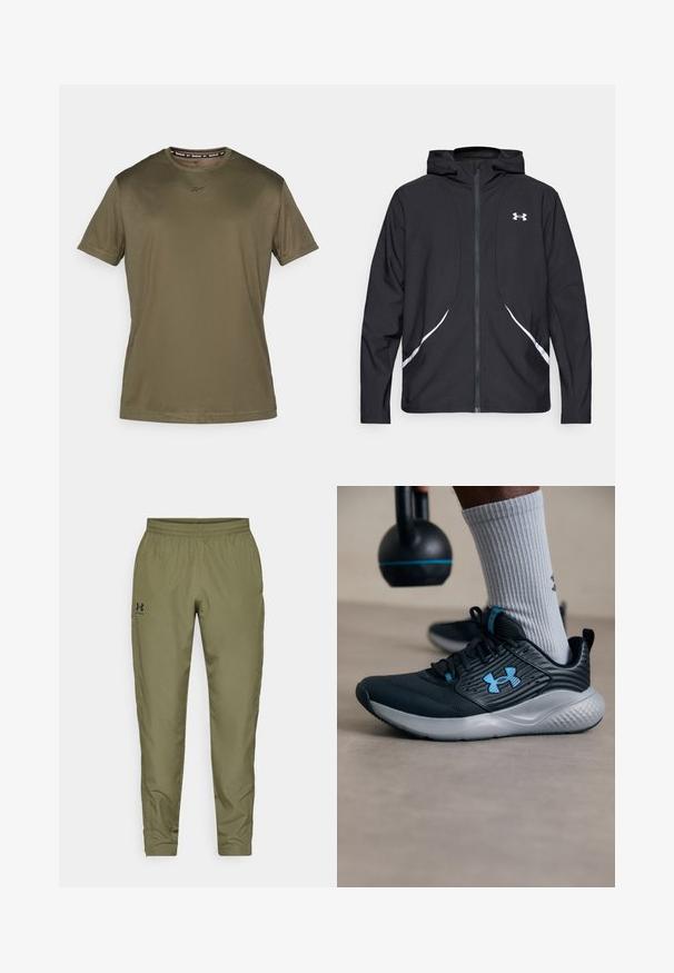 Crna jakna s kapuljačom na patentni zatvarač s bijelim detaljima i logotipom, s dugim rukavima i glatkom, mekanom teksturom tkanine.; Maslinasto zeleni majica s kratkim rukavima izrađena od glatkog materijala. Ima okrugli izrez i suptilan logo na prsima, s jednostavnim, pročišćenim dizajnom.; Maslinaste zelene atletske hlače s elastičnim pojasom, suženim nogavicama, glatkom teksturom i malim crnim logom s lijeve strane.; Crne atletske cipele s plavim akcentima, teksturirani gornji dio i sivi đon. Nosi se s sivim rebrastim čarapama, pored crnog kettlebella.