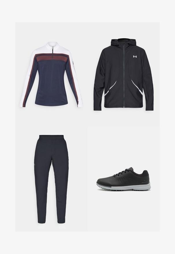 Črna jakna s kapuco na zadrgo z belimi poudarki in logotipom, z dolgimi rokavi in gladko, sijočo tkanino.; Polo majica s dolgimi rokavi v temno modri barvi z belimi rokavi, z zadrgo na ovratniku in maroonskimi akcentnimi črtami ob prsih in rokavih.; Črne atletske hlače z gladko teksturo, ožjega kroja, elastičnim pasom in stranskimi žepi. Imajo majhen logotip na levem stegnu.; Črne sintetične golf čevlje z teksturiranim zgornjim delom, zavezovanjem in sivo podplatom, ki vsebuje konice za oprijem.