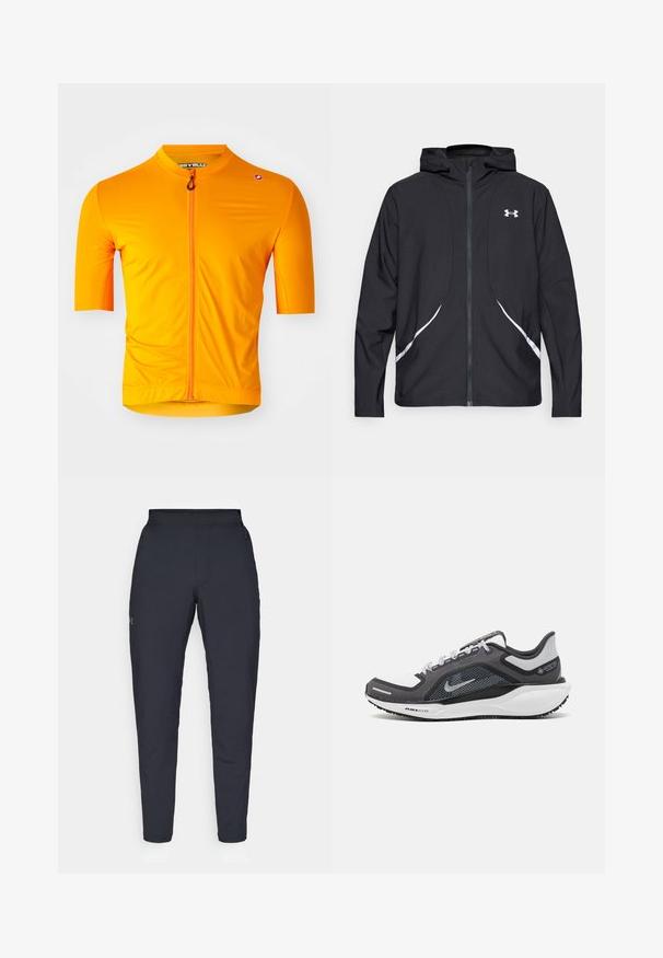 Veste à capuche noire zippée avec accents et logo blancs, dotée de manches longues et d'une texture de tissu lisse et élégante.; Maillot de cyclisme à manches courtes de couleur orange vif, fabriqué en tissu léger avec une fermeture éclair frontale complète et un design ajusté. Détails de surface texturée.; Pantalons de sport noirs avec une texture lisse, coupe slim, taille élastique et poches latérales. Présente un petit logo sur la cuisse gauche.; Baskets de sport noires et grises avec un empeigne en maille, des accents réfléchissants et un intermédiaire blanc. Comprend une semelle extérieure en caoutchouc texturé et des lacets.