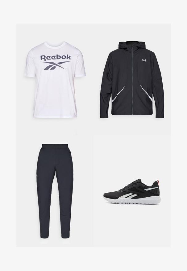 Zwarte capuchonjas met ritssluiting, witte accenten en logo, voorzien van lange mouwen en een gladde, soepele stoftextuur.; Witte Reebok t-shirt met een groot donkergrijs logo en grafisch ontwerp op de borst. Gemaakt van zacht katoen, met korte mouwen.; Zwarte sportbroeken met een gladde textuur, slanke pasvorm, elastische tailleband en zijzakken. Bevat een klein logo op het linkerdij.; Zwarte sportieve schoenen met een bovenkant van mesh, witte accenten, een gestructureerde zool en een rode hieltab voor extra detail.