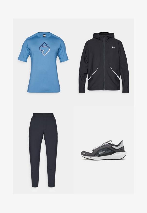 Casaco preto com capuz e fecho de correr, detalhes brancos e logótipo, apresentando mangas compridas e um tecido liso e elegante.; Camiseta atlética azul de manga curta feita de tecido suave, apresentando um logotipo azul escuro no centro. Design sem costura nos ombros com decote redondo.; Calças de desporto negras com uma textura suave, corte justo, cintura elástica e bolsos laterais. Apresenta um pequeno logótipo na coxa esquerda.; Sapatilha atlética preta e cinza com parte superior em malha, detalhes reflexivos e uma entressola branca. Apresenta uma sola de borracha texturizada e atacadores.