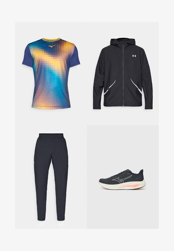 Giacca nera con cappuccio e zip, dettagli bianchi e logo, maniche lunghe e tessuto liscio e lucido.; T-shirt sportivo a maniche corte in gradiente blu, arancione e giallo, caratterizzato da un motivo pixelato e un colletto rotondo con un bordo a contrasto.; Pantaloni sportivi neri con una texture liscia, vestibilità slim, vita elastica e tasche laterali. Presentano un piccolo logo sulla coscia sinistra.; Scarpa da corsa nera con una parte superiore in tessuto morbido, caratterizzata da un logo bianco, accenti rosa sulla suola e un design della punta arrotondata.