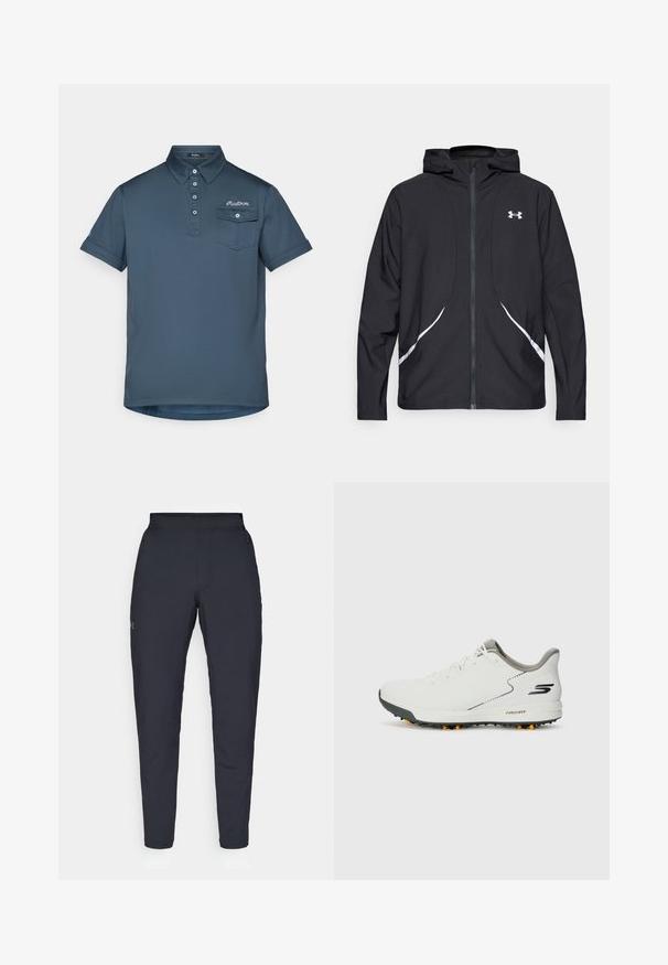 Schwarze Kapuzenjacke mit Reißverschluss, weiß abgesetzte Akzente und Logo, mit langen Ärmeln und einem eleganten, glatten Stoff.; Marineblaue Poloshirt mit Kragen und Drei-Knopf-Leiste. Verfügt über eine Brusttasche auf der linken Seite und dezente Logo-Stickerei. Kurze Ärmel.; Schwarze Sporthose mit glatter Textur, schlankem Schnitt, elastischem Bund und seitlichen Taschen. Mit einem kleinen Logo auf dem linken Oberschenkel.; Weißer Sportschuh mit glattem Obermaterial, grauen Akzenten und einer strukturierten schwarzen Sohle mit orangen Noppen. Leichtes Design, das auf Komfort ausgelegt ist.