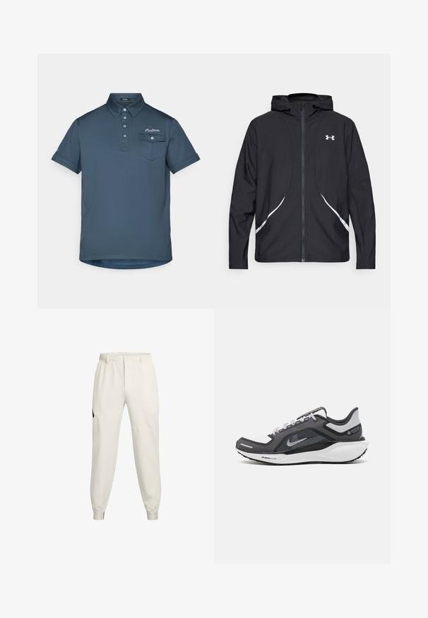 Musta vetoketjullinen huppari valkoisilla yksityiskohdilla ja logolla, jossa on pitkät hihat ja tyylikäs, sileäpintainen kangas.; Tummansininen polo-paita, jossa on kaulus ja kolmen napinläpivienti. Mukana vasemmassa rinnassa tasku ja hienovarainen logo-ompelu. Lyhyet hihat.; Helle beige joggebukser med elastisk midjebånd, sidelommer og ribbekanter; har et sort logoakcent på venstre hofte.; Musta ja harmaa urheilukenka, jossa on verkkopäällinen, heijastavat yksityiskohdat ja valkoinen välipohja. Varustettu kuvioidulla kumipohjalla ja nauhoilla.
