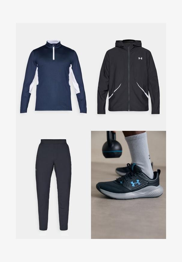 Casaco preto com capuz e fecho de correr, detalhes brancos e logótipo, apresentando mangas compridas e um tecido liso e elegante.; Camisa de manga longa azul-marinho com um detalhe branco nas laterais, gola de meio zíper e um tecido liso e elástico. Design atlético clássico.; Calças de desporto negras com uma textura suave, corte justo, cintura elástica e bolsos laterais. Apresenta um pequeno logótipo na coxa esquerda.; Sapatilha atlética preta com detalhes em azul, parte superior texturizada e sola cinza. Usada com meias caneladas cinza, ao lado de um kettlebell preto.