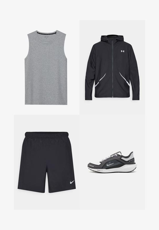 Casaco preto com capuz e fecho de correr, detalhes brancos e logótipo, apresentando mangas compridas e um tecido liso e elegante.; Camiseta cinza sem mangas, feita de tecido macio, com um decote redondo e design minimalista, contendo detalhes de costura nos ombros.; Calças de desporto pretas feitas de material leve com uma cintura elástica. Apresenta um pequeno logótipo branco da Nike no canto inferior esquerdo.; Sapatilha atlética preta e cinza com parte superior em malha, detalhes reflexivos e uma entressola branca. Apresenta uma sola de borracha texturizada e atacadores.