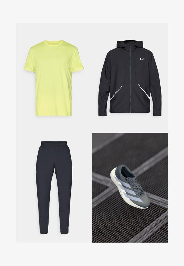 Jachetă neagră cu glugă și fermoar, cu accente și logo alb, având mâneci lungi și o textură elegantă, netedă a țesăturii.; Polo galben strălucitor, cu mânecă scurtă, realizat dintr-un material texturat. Include un logo discret pe mâneca stângă. Design clasic cu guler rotund.; Pantaloni sportivi negri cu o textură fină, croială slim, talie elastică și buzunare laterale. Prezentă un mic logo pe coapsa stângă.; Pantof sport gri și alb, realizat din material sintetic, cu un design aerodinamic, finisaj texturat și un sistem de șireturi proeminent.
