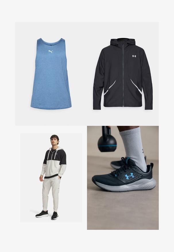 Zwarte capuchonjas met ritssluiting, witte accenten en logo, voorzien van lange mouwen en een gladde, soepele stoftextuur.; Blauwe sportieve tanktop van lichte stof. Bevat een ronde halslijn, mouwloos ontwerp en een klein wit logo aan de voorkant.; Sportieve hoodie in zwart en wit met een rits; gecombineerd met witte joggers met zakken en elastische manchetten; zwarte sneakers.; Zwarte sportschoen met blauwe accenten, gestructureerde bovenkant en grijze zool. Draagt met grijze geribbelde sokken, naast een zwarte kettlebell.