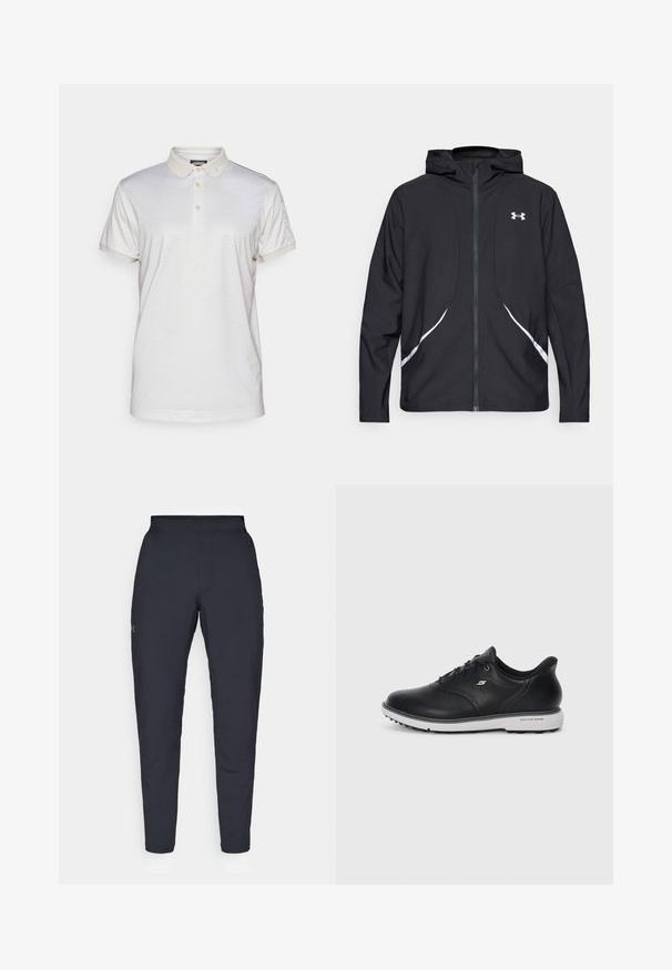 Chaqueta negra con capucha y cremallera, con detalles y logotipo en blanco, mangas largas y una textura de tela lisa y elegante.; Camisa polo con cuello en un suave color beige claro y un sutil patrón geométrico. Cuenta con un cierre de tres botones y puños enrollados, hecha de un material suave.; Pantalones deportivos negros con una textura suave, corte ajustado, cinturilla elástica y bolsillos laterales. Presentan un pequeño logo en el muslo izquierdo.; Zapatilla Skechers negra de cuero con cordones y suela blanca, logo lateral y textura antideslizante en la suela sobre un fondo claro liso.