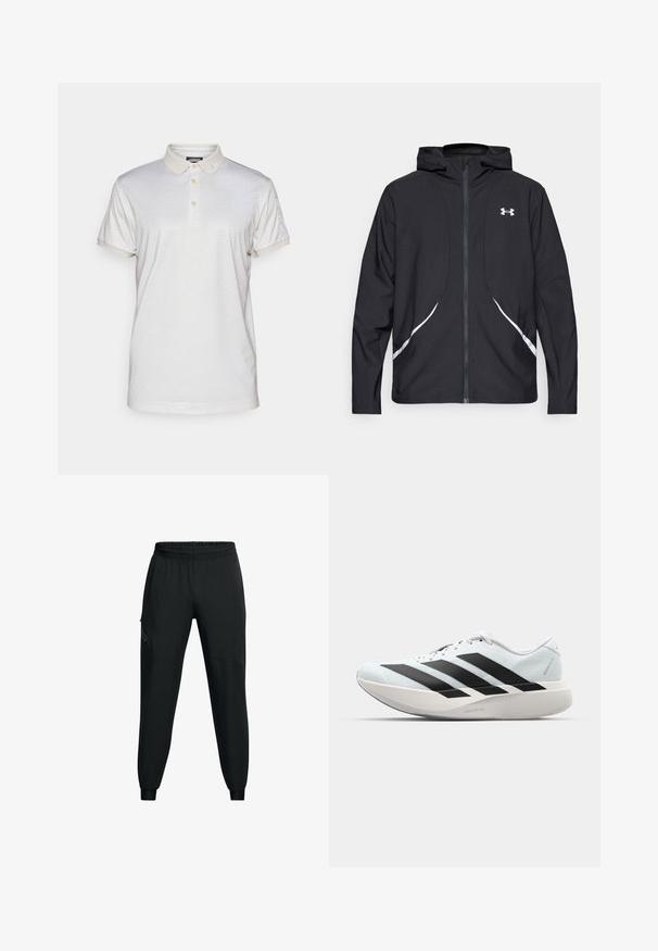 Črna jakna s kapuco na zadrgo z belimi poudarki in logotipom, z dolgimi rokavi in gladko, sijočo tkanino.; Polo majica s ovratnikom v svetli bež barvi z diskretno geometrijsko vzorcem. Ima tri gumbe in ovite manšete, izdelana iz mehkega materiala.; Črne športne hlače z elastičnim pasom, zoženim krojem nogavic, stranskimi žepi in kontrastnimi panelnimi detajli. Lahka, gladka tkanina.; Lahki tekaški čevlji v svetlo modri barvi z belimi črtami. Imajo gladek zgornji del, okroglo kapico in debel bel srednji podplat z označbo "LIGHTSTRIKE PRO."