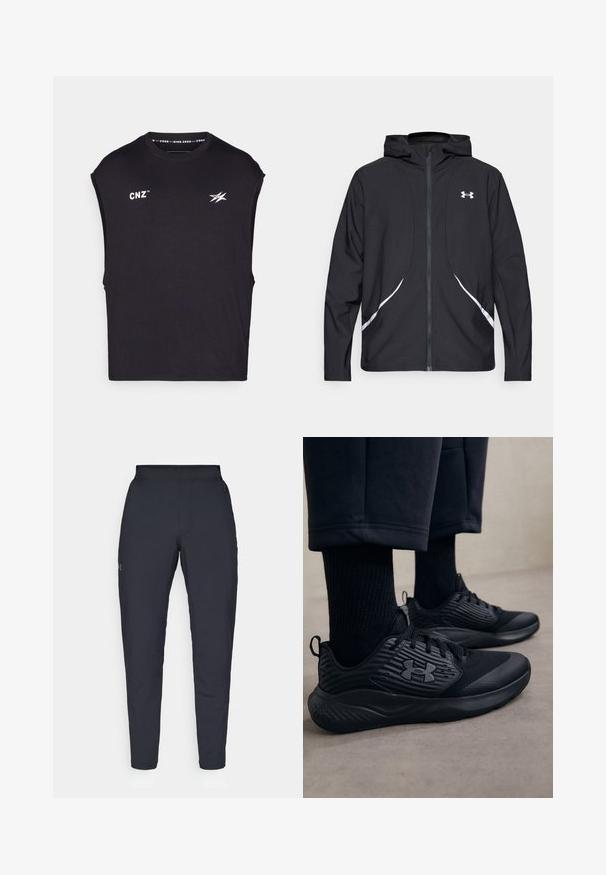 Black zip-up hooded jacket with white accents and logo, featuring long sleeves and a sleek, smooth fabric texture.; Black sleeveless t-shirt made of soft fabric, featuring white "CNZ" logo and a stylized graphic on the front, round neck, and relaxed fit.; Black athletic pants with a smooth texture, slim fit, elastic waistband, and side pockets. Features a small logo on the left thigh.; Person wearing black athletic sneakers with textured sides and logo, paired with black socks and cropped pants on a light floor.