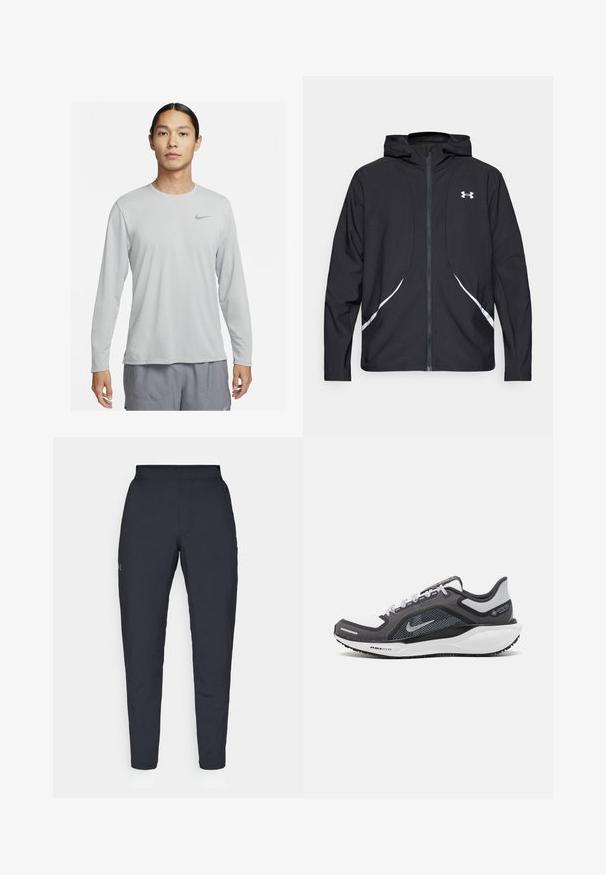 Veste à capuche noire zippée avec accents et logo blancs, dotée de manches longues et d'une texture de tissu lisse et élégante.; Chemise à manches longues gris clair en tissu lisse et léger. Présente un petit logo noir de Nike sur le haut à gauche de la poitrine.; Pantalons de sport noirs avec une texture lisse, coupe slim, taille élastique et poches latérales. Présente un petit logo sur la cuisse gauche.; Baskets de sport noires et grises avec un empeigne en maille, des accents réfléchissants et un intermédiaire blanc. Comprend une semelle extérieure en caoutchouc texturé et des lacets.