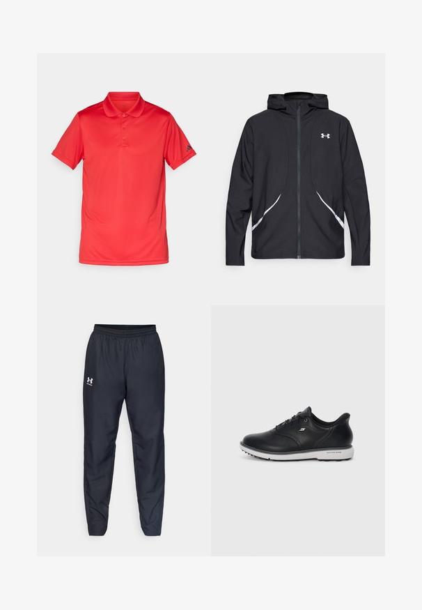 Zwarte capuchonjas met ritssluiting, witte accenten en logo, voorzien van lange mouwen en een gladde, soepele stoftextuur.; Rode polo met korte mouwen en drie knopen, voorzien van een kraag, met een klein zwart logo op de linker mouw, weergegeven op een witte achtergrond.; Zwarte sportbroeken met een elastische tailleband, taps toelopende benen en een wit logo op de zijkant. Gemaakt van lichtgewicht, duurzaam materiaal.; Zwarte leren vetersneaker van Skechers met witte zool, zijlogo en gestructureerde grip op de zool tegen een effen lichte achtergrond.