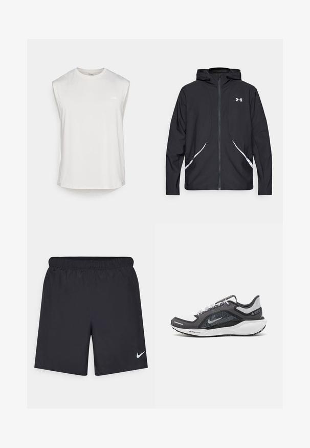 Jachetă neagră cu glugă și fermoar, cu accente și logo alb, având mâneci lungi și o textură elegantă, netedă a țesăturii.; Tricou de sport alb fără mâneci, cu decolteu tip crew, dintr-un material ușor, cu o textură subtilă și un logo mic pe partea stângă a pieptului.; Pantaloni scurți atletici negri, fabricați dintr-un material ușor, cu un talie elastică. Au un mic logo alb Nike în partea stângă jos.; Încălțăminte sport neagră și gri, cu partea superioară din plasă, accente reflectorizante și o talpă intermediară albă. Dispune de o talpă din cauciuc texturat și șireturi.