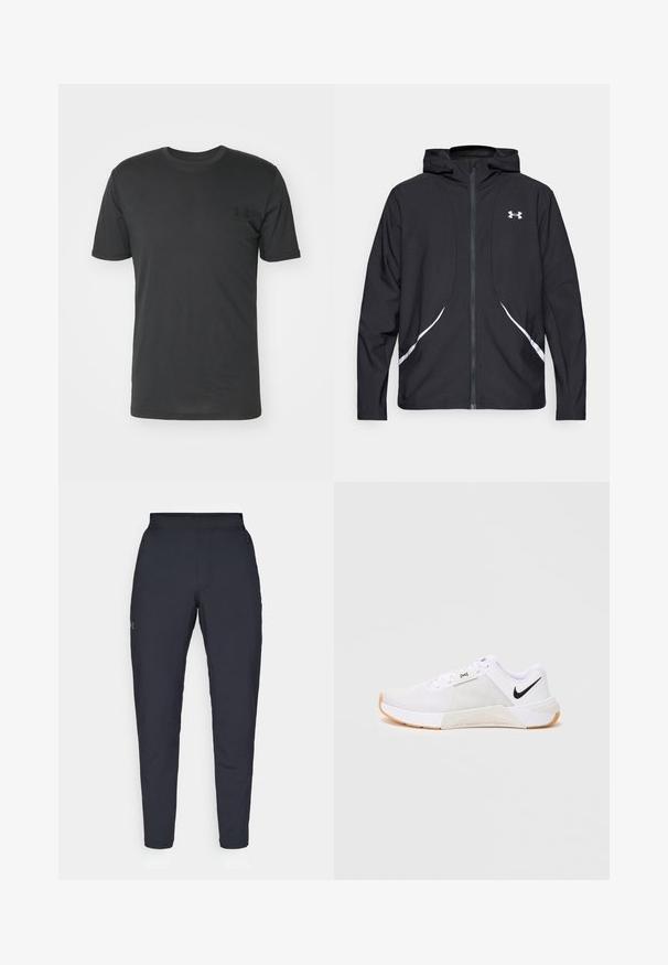 Črna jakna s kapuco na zadrgo z belimi poudarki in logotipom, z dolgimi rokavi in gladko, sijočo tkanino.; Črna majica s kratkimi rokavi iz bombaža, z okroglim izrezom in majhnim črnim logotipom na levem prsnem delu.; Črne atletske hlače z gladko teksturo, ožjega kroja, elastičnim pasom in stranskimi žepi. Imajo majhen logotip na levem stegnu.; Moške bele športne čevlje Nike z črnim logojem swoosh, mrežasto zgornjo plastjo in gumijastim podplatom, prikazani s strani na beli podlagi.