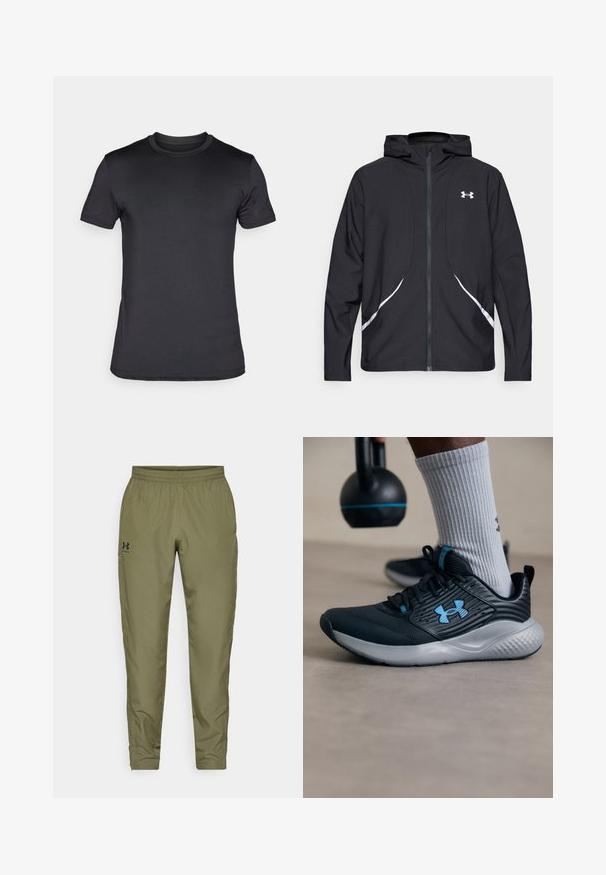 Černá bunda s kapucí na zip, bílými akcenty a logem, s dlouhými rukávy a hladkou, elegantní texturou látky.; Černé tričko s krátkým rukávem vyrobené z hladkého materiálu. Klasický kulatý výstřih s jemným logem na levém rukávu.; Olivově zelené sportovní kalhoty s elastickým pasem, zúženými nohavicemi, hladkou texturou a malým černým logem na levé straně.; Černá sportovní obuv s modrými akcenty, texturovaným svrškem a šedou podrážkou. Nosená se šedými žebrovanými ponožkami, vedle černého kettlebellu.