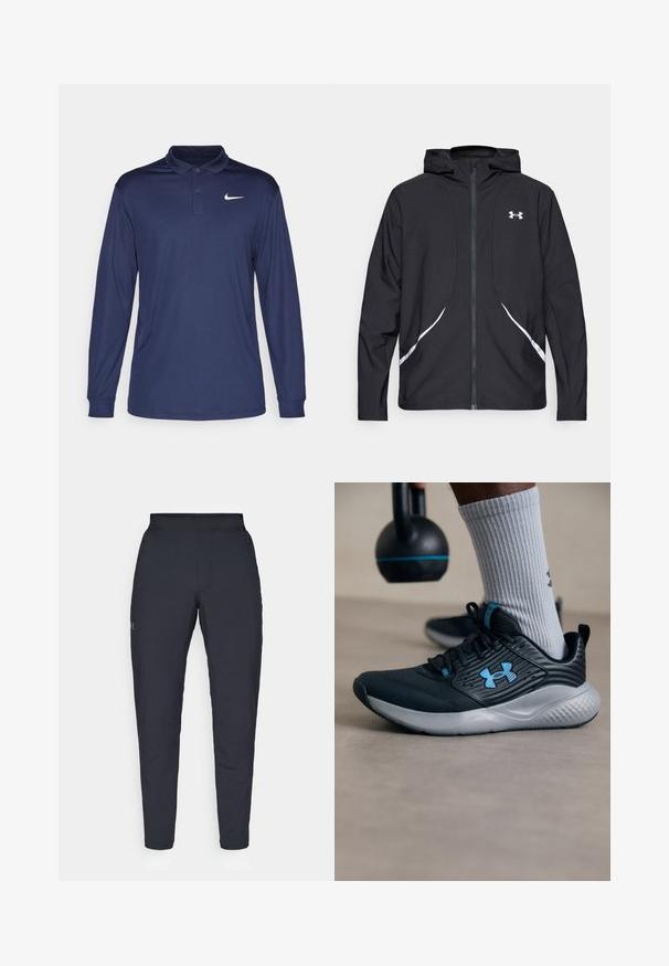 Casaco preto com capuz e fecho de correr, detalhes brancos e logótipo, apresentando mangas compridas e um tecido liso e elegante.; Camisa polo de manga longa em azul marinho, feita de tecido leve, apresentando um colarinho elevado, lista de botões e um logotipo da Nike branco no lado esquerdo do peito.; Calças de desporto negras com uma textura suave, corte justo, cintura elástica e bolsos laterais. Apresenta um pequeno logótipo na coxa esquerda.; Sapatilha atlética preta com detalhes em azul, parte superior texturizada e sola cinza. Usada com meias caneladas cinza, ao lado de um kettlebell preto.