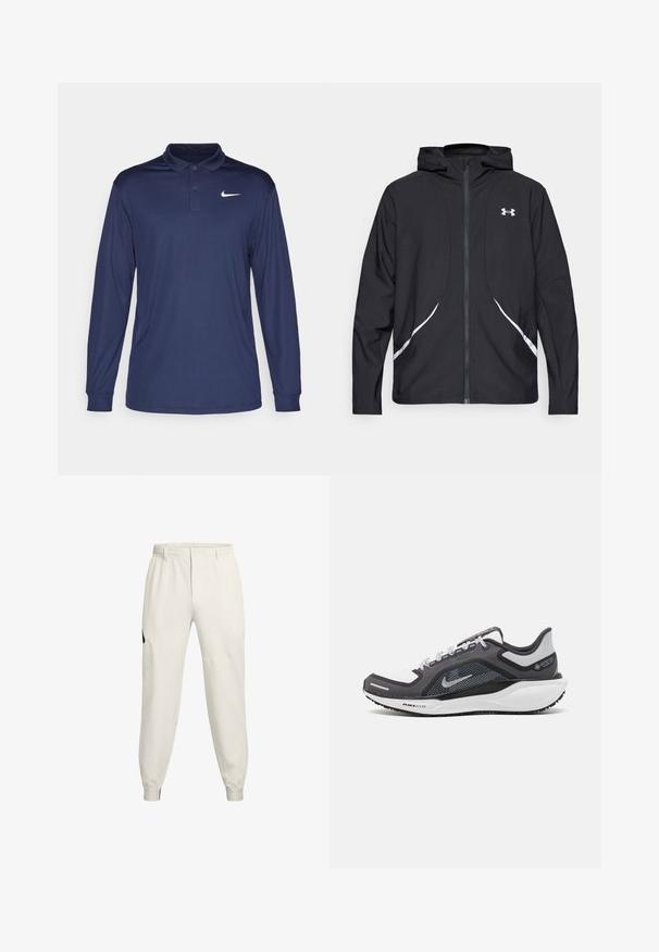 Černá bunda s kapucí na zip, bílými akcenty a logem, s dlouhými rukávy a hladkou, elegantní texturou látky.; Pánská polokošile s dlouhým rukávem v námořnické barvě, vyrobená z lehkého materiálu, s vyvýšeným límcem, knoflíkovou légou a bílým logem Nike na levé části hrudi.; Světlé béžové joggingové kalhoty s elastickým pasem, bočními kapsami a žebrovanými manžetami; mají černý logo akcent na levém bocích.; Černá a šedá sportovní obuv s vrškem z prodyšné síťoviny, reflexními akcenty a bílou mezipodešví. Obsahuje texturovanou gumovou podrážku a tkaničky.