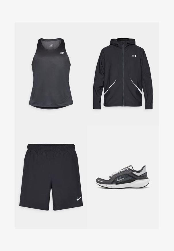 Zwarte capuchonjas met ritssluiting, witte accenten en logo, voorzien van lange mouwen en een gladde, soepele stoftextuur.; Zwart sportief tanktop gemaakt van vochtregulerende stof, met een ronde halslijn en subtiele geribbelde textuur, voorzien van een wit logo op de borst.; Zwarte sportshorts gemaakt van lichtgewicht materiaal met een elastische tailleband. Voorzien van een klein wit Nike-logo aan de onderzijde aan de linkerkant.; Zwarte en grijze sportschoen met een bovenwerk van mesh, reflecterende accenten en een witte tussenzool. Beschikt over een gestructureerde rubberen zool en veters.