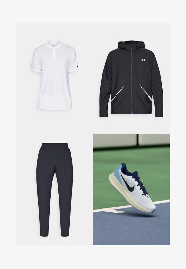 Svart hettejakke med glidelås, hvite detaljer og logo, med lange ermer og en glatt, jevn stofftekstur.; Hvit kortermet polo-skjorte laget av syntetisk materiale. Har kragehals og sort Nike-logo på venstre erme.; Sorte treningbukser med glatt tekstur, smal passform, elastisk midjebånd og sidelommer. Har en liten logo på venstre lår.; Hvite sportsko med marineblå detaljer, pustende overdel, teksturert såle og lyseblå hæl, som viser et elegant, moderne design.