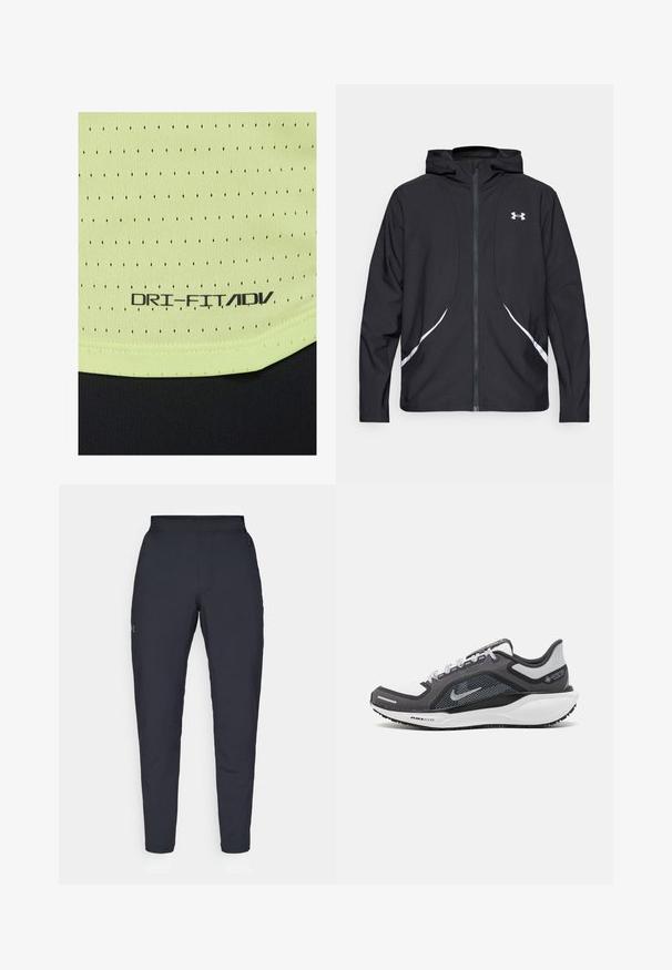 Black zip-up hooded jacket with white accents and logo, featuring long sleeves and a sleek, smooth fabric texture.; Light green, textured fabric with small black perforations. The label reads "DRI-FIT/ADV" in black. Features a black band at the bottom.; Black athletic pants with a smooth texture, slim fit, elastic waistband, and side pockets. Features a small logo on the left thigh.; Black and gray athletic shoe with a mesh upper, reflective accents, and a white midsole. Features textured rubber outsole and laces.