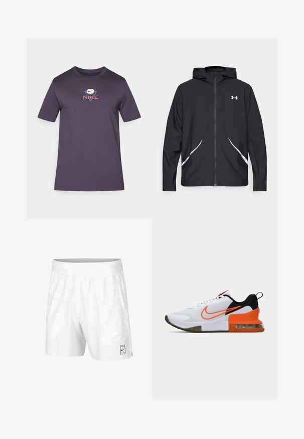 Juoda gobtuvu su užtrauktuku striukė su baltais akcentais ir logotipu, ilgomis rankovėmis ir lygiu, švelniu audinio tekstūra.; Tamsiai violetinė trumpa rankovė marškinėliai iš medvilnės, su siuvinėtu Nike logotipu, turinčiu beisbolo motyvą baltos, raudonos ir mėlynos spalvų.; Balti sportiniai šortai, pagaminti iš lengvos medžiagos, su elastinga juosta, su dviem šoninėmis kišenėmis ir mažu juodu logotipu ant apatinio krašto.; Baltas sportinis batas su tekstūruota tinkline viršutine dalimi, juodais ir oranžiniais akcentais, storu guminio pado sluoksniu ir AIr pagalvės skaidriąja dalimi kulne.