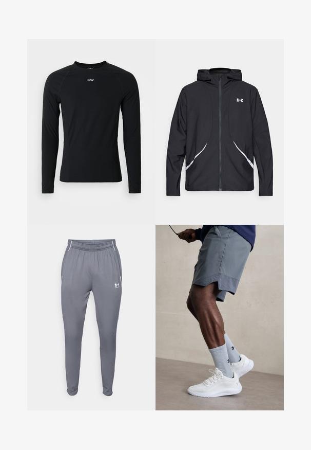 Fekete, cipzáros kapucnis dzseki fehér díszítésekkel és logóval, hosszú ujjakkal és sima, fényes anyagú felülettel.; Fekete, hosszú ujjú sportpóló, rugalmas anyagból készült, kerek nyakkal és sima varrásokkal. Kis logó a mellkas felső részén.; Szürke sportnadrág, elasztikus derékrésszel, oldalsó zsebekkel és fehér díszítéssel. Simább, könnyű anyagból készült.; Fehér sportcipők, amelyek texturált hálós felsőrésszel rendelkeznek, világoskék bordázott zoknival, amely logót visel. Szürke sportshortok perforált díszítéssel.