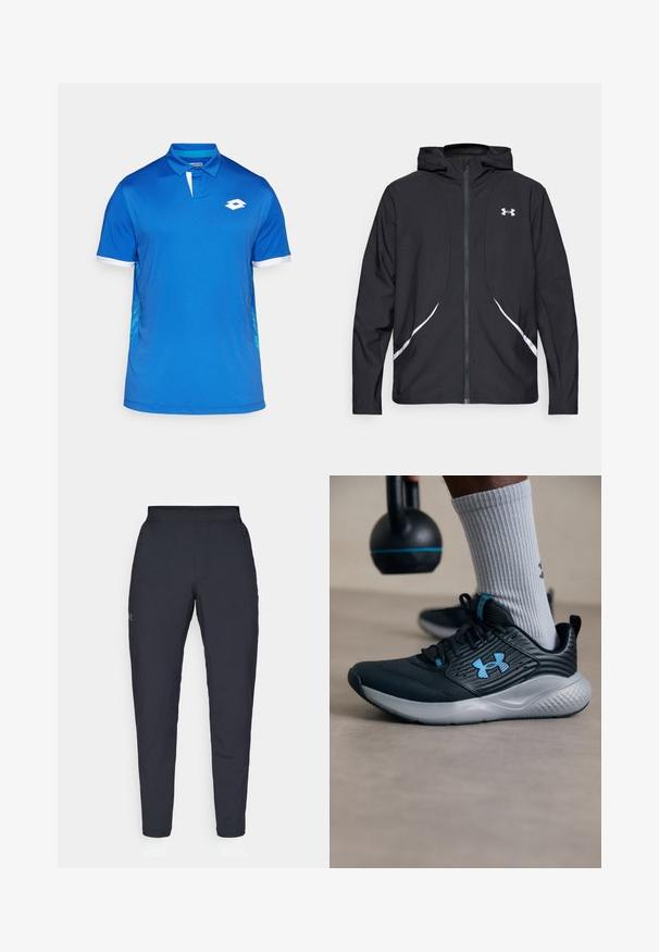 Musta vetoketjullinen huppari valkoisilla yksityiskohdilla ja logolla, jossa on pitkät hihat ja tyylikäs, sileäpintainen kangas.; Sininen polo-paita, jossa on valkoinen kaulus ja yksityiskohtia, sivuilla on geometrinen kuvio. Valmistettu kevyestä ja sileästä kankaasta.; Mustat urheiluhousut, joissa on sileä pinta, kapea malli, joustava vyötäkuja ja sivutaskut. Vasemmassa reisissä on pieni logo.; Mustat urheilukengät sinisillä yksityiskohdilla, teksturoitu pinta ja harmaa pohja. Vaatteena harmaat ribbited socksit, mustan kettlebellin vieressä.