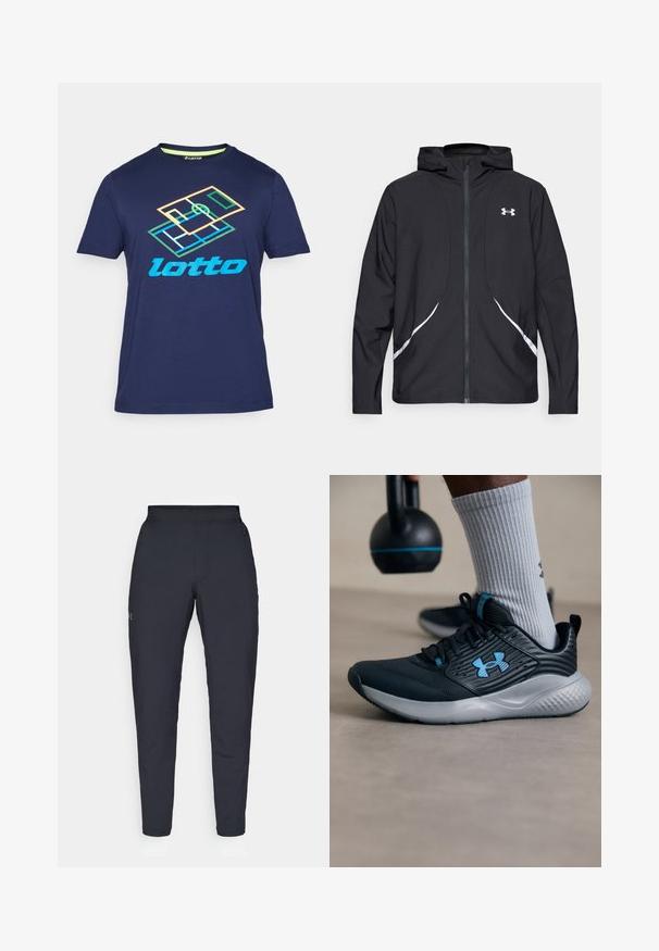 Črna jakna s kapuco na zadrgo z belimi poudarki in logotipom, z dolgimi rokavi in gladko, sijočo tkanino.; Kraljevo modra majica s kratkimi rokavi iz bombaža, na sprednji strani pa multikolor logotip "Lotto" in geometrijski vzorec.; Črne atletske hlače z gladko teksturo, ožjega kroja, elastičnim pasom in stranskimi žepi. Imajo majhen logotip na levem stegnu.; Črne atletske čevlje z modrimi detajli, teksturirano zgornjo plastjo in sivo podplato. Obuti z sivimi rebrastimi nogavicami, ob črnem kettlebellu.