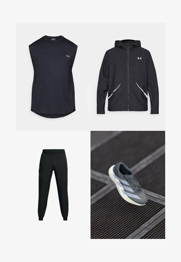 Musta vetoketjullinen huppari valkoisilla yksityiskohdilla ja logolla, jossa on pitkät hihat ja tyylikäs, sileäpintainen kangas.; Tummansininen ilman hihoja oleva urheilupaita, joka on valmistettu teksturoidusta kankaasta. Ominaisuuksiin kuuluu pyöristetty helma ja pieni logo vasemmalla edessä. Hengittävä muotoilu.; Mustat urheiluhousut, joissa on joustava vyötärö, kapeneva lahjesuunnittelu, sivutaskut ja kontrastiväriset paneelit. Kevyt, sileä kangas.; Urheilukengät harmaana ja valkoisena, valmistettu synteettisestä materiaalista, virtaviivaisella muotoilulla, tekstuurilla ja näyttävällä nauhoitusjärjestelmällä.